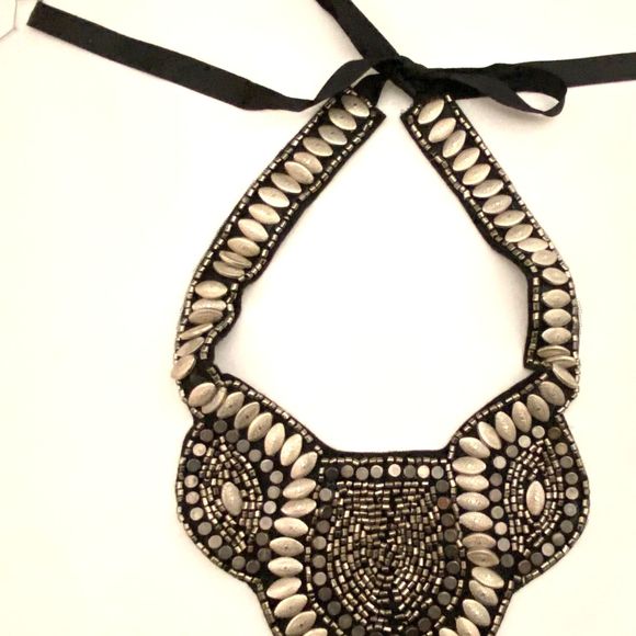 Egyptian Revival Style Beaded Collar Marquise Discs Cylinders Silver Tone Black - Picture 3 of 14